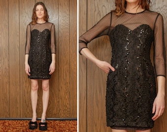 Vintage 80s 90s Black Sequin Embroidered Lace Tulle Sheer Mesh 3/4 Length Long Sleeves Sweetheart Neckline Cocktail Mini Dress XS S 2