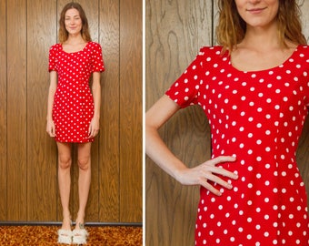 Vintage 90s Minnie Mouse Vibes Red White Polka Dot Valentine's Day Love Graphic Print Short Sleeve Scoop Neck Fitted A Line Mini Dress XS S
