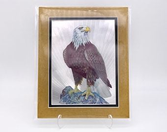 Vintage Perched Bald Eagle Bird Foil Etching Art Print Shiny Antique Gold Silver Metallic Double Mat Ready to Frame in 8x10 Image 7.5 x 5.5