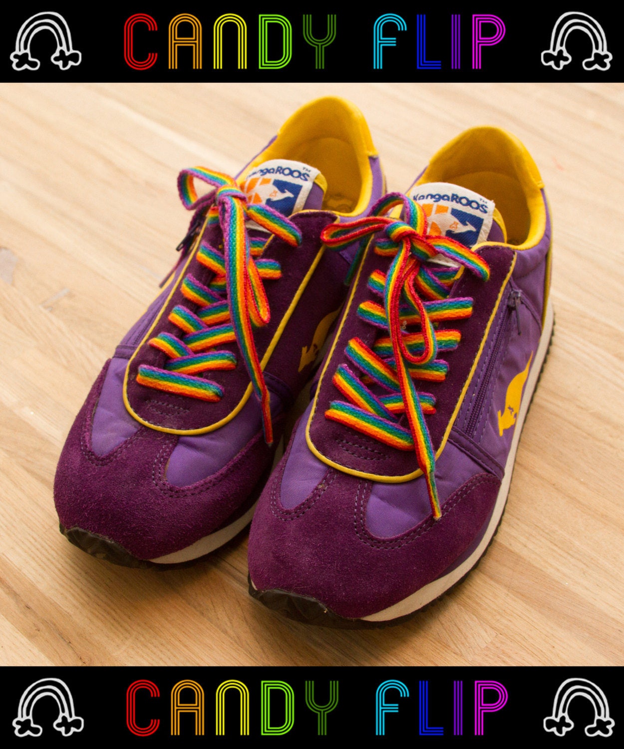 lommetørklæde Fortryd Barcelona Vintage 80s Rainbow Purple Yellow KangaROOS Sneakers Zippered Pouches  Women's Gay Pride Suede Nylon Tennis Shoes Size 7