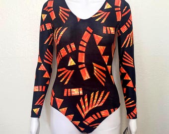 Vintage 90s Black Yellow Orange Abstract Triangle Print Graphic GK Elite Sport Long Sleeve Scoop Aerobic Dance Leotard Bodysuit Adult Medium