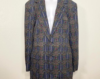 Vintage 1990s J.Crew Geometric Shapes Navy Blue Green Burgundy Red Button Suit Business Casual Dress Jacket Blazer Men's 42 R Cotton USA