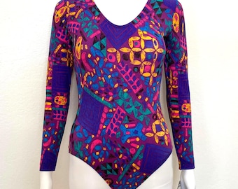 Vintage 90s Purple Geometric Tile Pattern Abstract Print GK Elite Sport Long Sleeve Scoop Aerobic Dance Leotard Bodysuit Adult Medium M