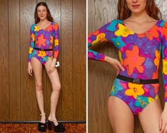 Vintage 90s Neon Pink Orange Purple Yellow Teal Black Rainbow Elastic Belted Abstract Flower Long Sleeve Aerobic Dance Leotard Bodysuit S M