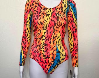 Vintage 90s Neon Orange Yellow Blue Animal Leopard Cheetah Print GK Elite Long Sleeve Scoop Aerobic Dance Leotard Bodysuit Adult Small S