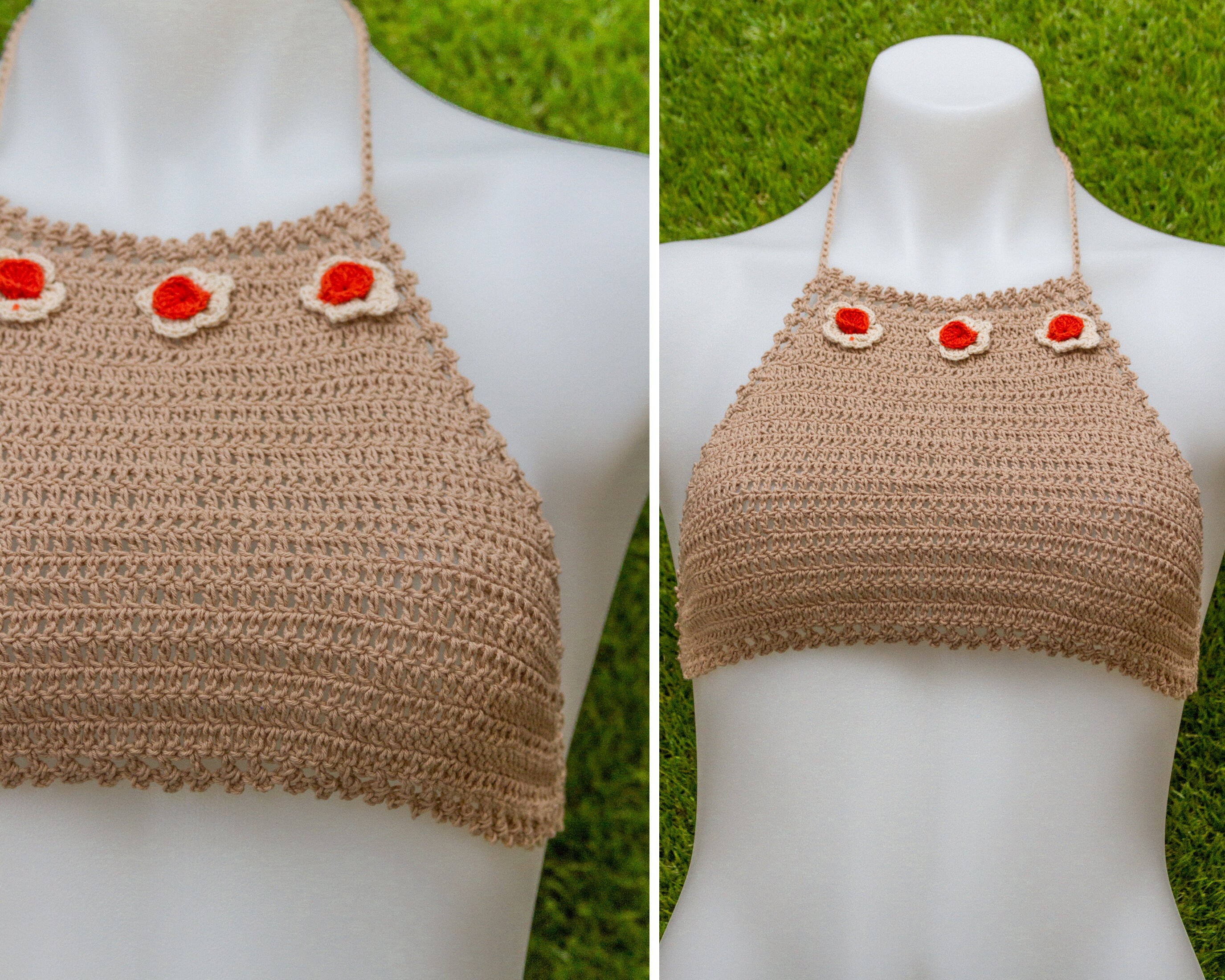 Vintage Deadstock 90s Light Brown Tan Taupe Beige Festival Crochet Sheer Mesh Beaded 3-D Flower Cotton Crop Tie Halter Top One Size