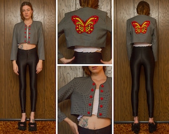 Vintage 90s Black White Checker Geometric Square Red Yellow Embroidered Velvet Butterfly Back Patch Button Shoulder Pad Crop Blazer Jacket M