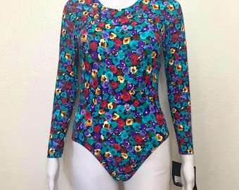 Vintage 90s Red Yellow Purple Teal Flower Floral Print Graphic GK Elite Sport Long Sleeve Scoop Aerobic Dance Leotard Bodysuit Adult Medium