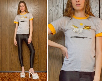 Vintage 80s NEW Deadstock Gray Gold Yellow Made in USA Crewneck Teddy Bear Unicorn Fantasy Cute 1987 Ringer Short Sleeve T-shirt Shirt S M