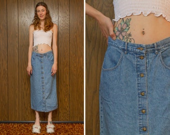 Vintage 90s Eddie Bauer Medium Wash Light Blue Cotton Denim Jean Brown Tan Tortoise Button Front Mid Calf Ankle Skirt M L 12