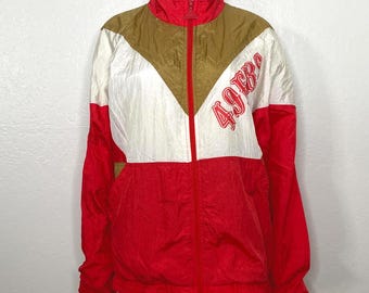 Vintage 1980s 1990s Classic 49er NFL Football San Francisco Apex One Red Gold White Zip Up Windbreaker Bomber Jacket Adult Men's M L