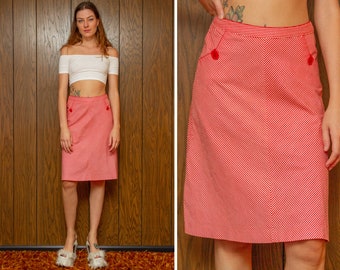 Vintage Y2K Red White Chevron Striped Pocket Button Stripe Stretch Cotton A Line Pencil Knee Length Unlined High Waist Pin Up Skirt S M 26