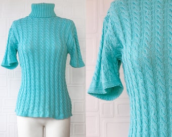 Vintage 90s Y2K Aqua Teal Blue Kathy Ireland Braided Ribbed Textured Half Short Sleeve High Neck Turtleneck Sweater Shirt Blouse Top M L XL