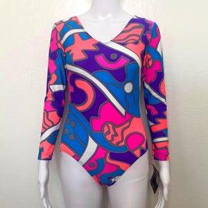 Vintage 90s Neon Pink Blue Orange Abstract Print Graphic GK Elite Sport Long Sleeve Scoop Aerobic Dance Leotard Bodysuit Adult Medium M L