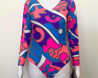 Vintage 90s Neon Pink Blue Orange Abstract Print Graphic GK Elite Sport Long Sleeve Scoop Aerobic Dance Leotard Bodysuit Adult Medium M L