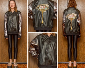Up-Cycled Black Gunmetal Gray Oversized Geisha Japanese Fan Sequined Appliqué Faux Leather Patch Unlined Shiny Bomber Zip Up Jacket L XL