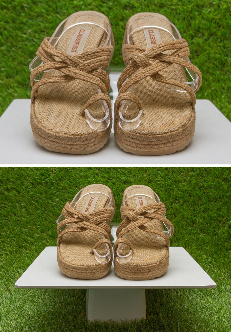 Vintage 90s Y2K Classified Woven Raffia Grass Braided Strappy Tan Light Brown Summer Thick Wedge Slip On Platform Mule Sandal US 5 5.5