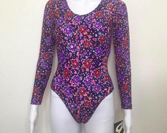Vintage 90s Purple Red Flower Floral Print Graphic GK Elite Sport Long Sleeve Scoop Aerobic Dance Leotard Bodysuit Adult X Small XS