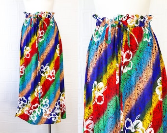 Vintage Rainbow Striped Tropical Luau Floral Print Hibiscus Flower Mid Calf Ankle Length Drawstring Pocket Maxi Lightweight Skirt fits S M L