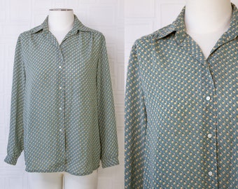 Vintage 90s Mint Sage Green Yellow Red White Black Polka Dot Dotted Shiny Button Collared Long Sleeve Work Blouse Professional Top S M L