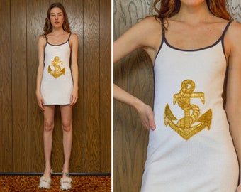 Y2K Soft White Navy Blue Gold Beaded Anchor Nautical Applique Scoop Neck Loop Terry Cloth Mini Sleeveless Cover Up Boating Tennis Dress XS S
