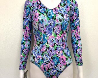 Vintage 90s Purple Black Pink Garden Floral Flower Print GK Elite Sport Long Sleeve Scoop Aerobic Dance Leotard Bodysuit Adult Medium M