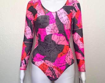 Vintage 90s Neon Pink Red Gray Abstract Graphic GK Elite Sport Long Sleeve Scoop Aerobic Dance Leotard Bodysuit Adult Small S