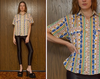 Vintage 80s 90s Fast Traffic Button Down Up Native American Southwestern South West Print Double Pocket Geometric Collar Unisex Shirt Top L