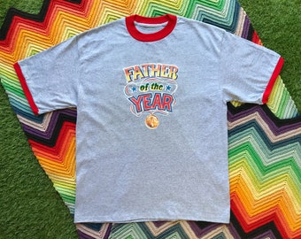 Vintage 90s Unisex Gray Red Dad of the Year Father's Day Dad Ringer Crewneck Heat Transfer Graphic Novelty Cotton Short Sleeve T-Shirt L XL