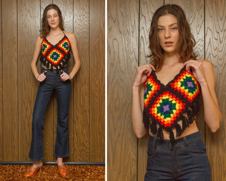 Vintage 70s Black Asymetrical Handmade Hippie Festival Crochet Knit Rainbow Fringe V Cut Handkerchief Afgan Acrylic Yarn Crop Halter Top XS