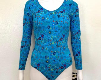 Vintage 90s Bright Blue Neon Green Orange Floral Flower Print GK Elite Sport Long Sleeve Scoop Aerobic Dance Leotard Bodysuit Adult Medium M