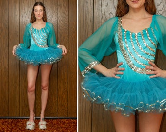 Vintage 70s 80s Shiny Teal Blue Silver TuTu Tulle Sequin Dance Ice Skate Sheer Long Sleeve Skirted Leotard Ballet Performance Costume XS S