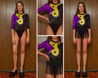 Vintage 80s Black Purple Yellow Silver Color Block Sequined Half Sleeve Abstract Fringed Skirted Leotard Dance Recital Mardi Gras Costume S