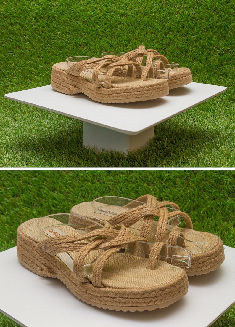 Vintage 90s Y2K Classified Woven Raffia Grass Braided Strappy Tan Light Brown Summer Thick Wedge Slip On Platform Mule Sandal US 5 5.5