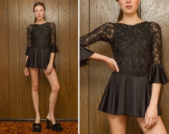 Vintage 90s Shiny Black Sheer Mesh Floral Flower Lace Skirted Bell Sleeve High Neck Tinsel Metallic Skate Dance Leotard Bodysuit Costume XS