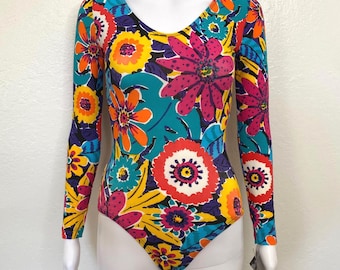 Vintage 90s Rainbow Garden Bloom Floral Flower Print GK Elite Sport Long Sleeve Scoop Aerobic Dance Leotard Bodysuit Adult Medium M