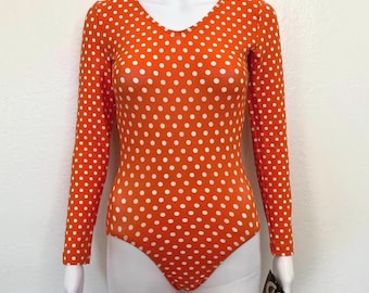 Vintage 90s Orange White Polka Dot Print GK Elite Sport Long Sleeve Scoop Aerobic Dance Leotard Bodysuit Adult Medium M