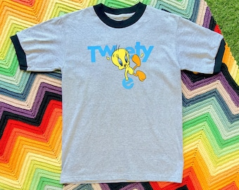 Vintage 90s Unisex Gray Black Tweety Bird Looney Tunes Blue Yellow Ringer Crewneck Heat Transfer Thick Cotton Short Sleeve T-Shirt XS S