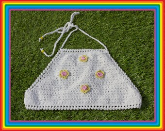 Vintage Deadstock 90s White Pastel Yellow Pink Festival Crochet Sheer Mesh Beaded 3-D Flower Cotton Crop Halter Top One Size fits most S M L