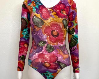 Vintage 90s Red Pink Purple Gold Abstract Floral Flower Print GK Elite Sport Long Sleeve Scoop Aerobic Dance Leotard Bodysuit Adult Medium M