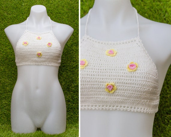 Vintage Deadstock 90s White Pastel Yellow Pink Fe… - image 2