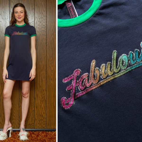 Fabulous Shiny Rainbow Metallic Glitter Graphic On Short Sleeve Navy Blue Green 90s Y2K Vibes Mini Pride Ringer T-Shirt Pride Dress S - L