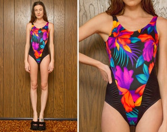 Vintage 90s Black Rainbow Tropical Hibiscus Flower Floral Palm Print High Leg Hi Cut Kawaii Vapor Neon Blue Orange Pink One Piece Swimsuit S