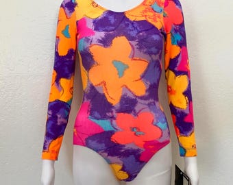 Vintage 90s Neon Pink Purple Orange Pink Floral Flower Print GK Elite Sport Long Sleeve Scoop Aerobic Dance Leotard Bodysuit Adult Medium M