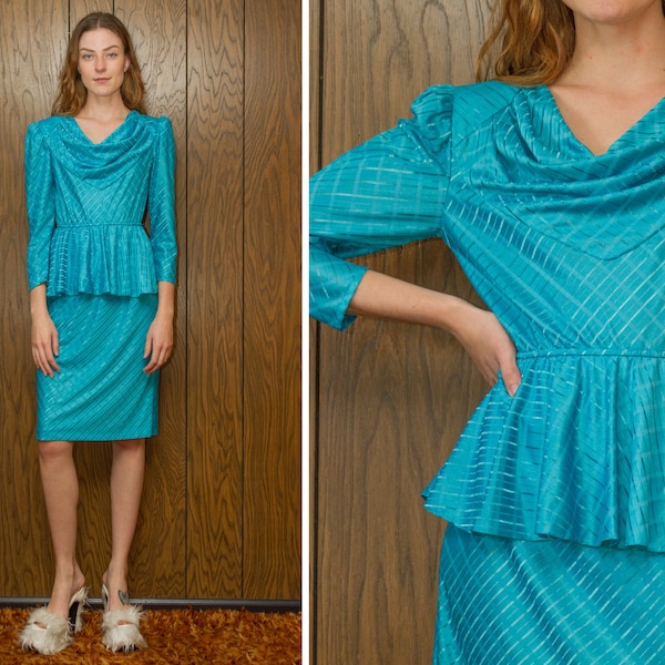 Vintage 80s Aqua Blue Diagonal Striped Thin Sheer Shiny Peplum Blouson Knee Length A Line Ruffle Half Long Sleeve Cowl Neck Pencil Dress S M