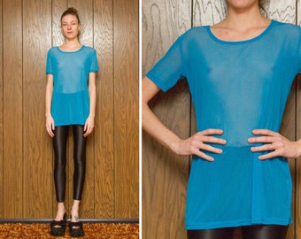 Aqua Teal Cyan Blue Mesh Sheer Fishnet Club Cover Up Rave Festival Short Sleeve Scoop Neck Mini Blouse Tunic Top Shirt Dress Cover Up S M L