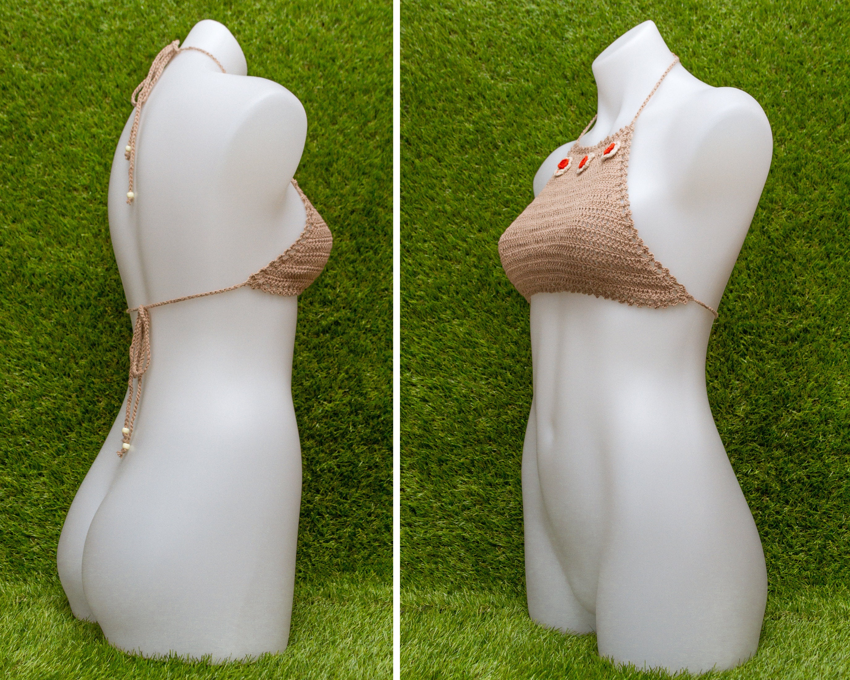 Vintage Deadstock 90s Light Brown Tan Taupe Beige Festival Crochet Sheer Mesh Beaded 3-D Flower Cotton Crop Tie Halter Top One Size