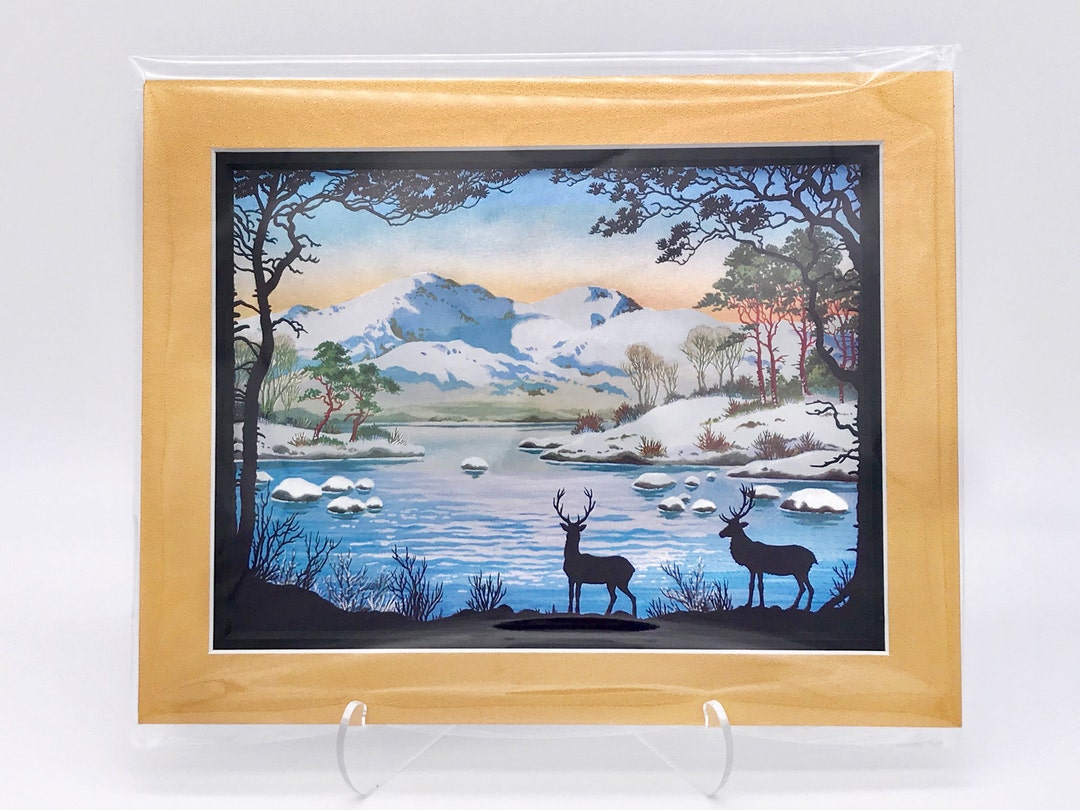 Vintage Snow Mountain Forest Deer Buck Landscape Foil Etching Art Print ...