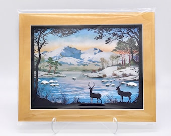 Vintage Snow Mountain Forest Deer Buck Landscape Foil Etching Art Print Copper Gold Black Double Mat Ready to Frame in 8x10 Image 7.5 x 5.5
