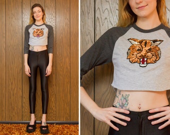 Y2K Bob Cat Color Block Dark Light Heather Gray Raglan 3/4 Long Sleeve Sequined MetallicBrown Red Silver Black Crew Neck Crop Baseball Shirt